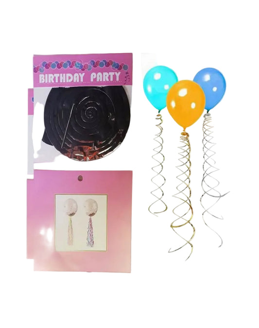 Birthday party decoration set with balloons and streamers on a white background