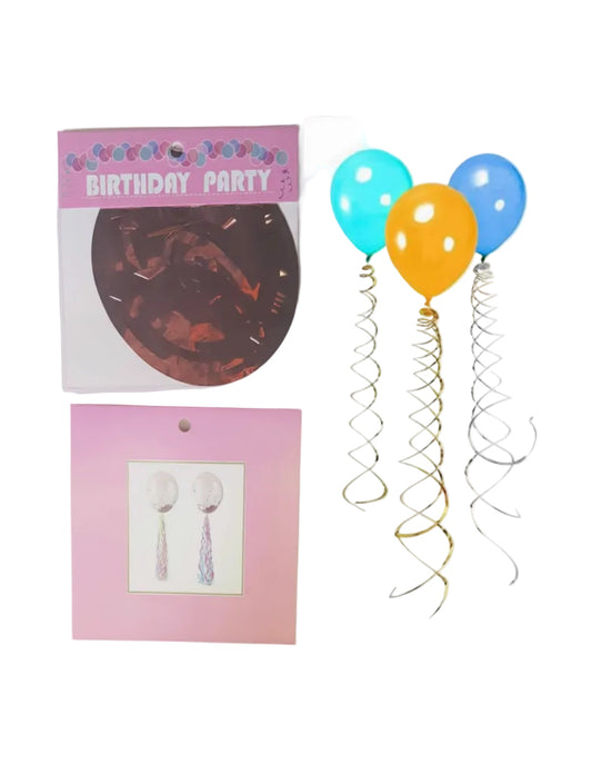 Decorative items for a birthday party including balloons and streamers.