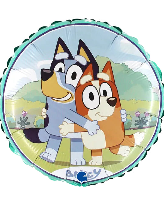 Round balloon with cartoon characters in a scenic background