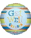 Round foil balloon with 'Get Well Soon' text and colorful stripes on a blue background