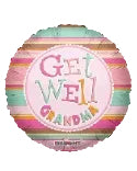 Decorative balloon with 'Get Well Soon' text and colorful stripes