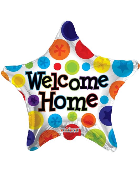 Star-shaped balloon with colorful polka dots and 'Welcome Home' text on a white background