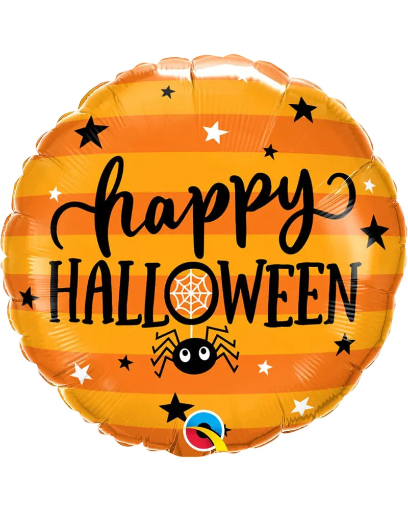 Halloween-themed balloon with 'Happy Halloween' text and spider design on an orange background.