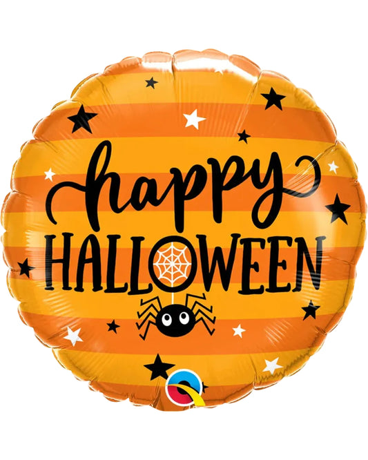 Halloween-themed balloon with 'Happy Halloween' text and spider design on an orange background.