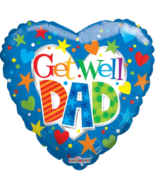 Colorful 'Get Well Dad' balloon with stars, hearts, and polka dots on a white background