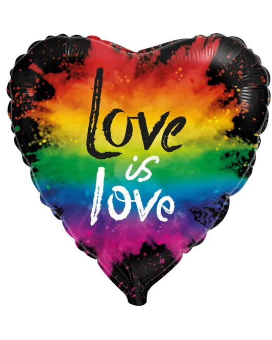 Heart-shaped rainbow balloon with 'Love is Love' text on a white background