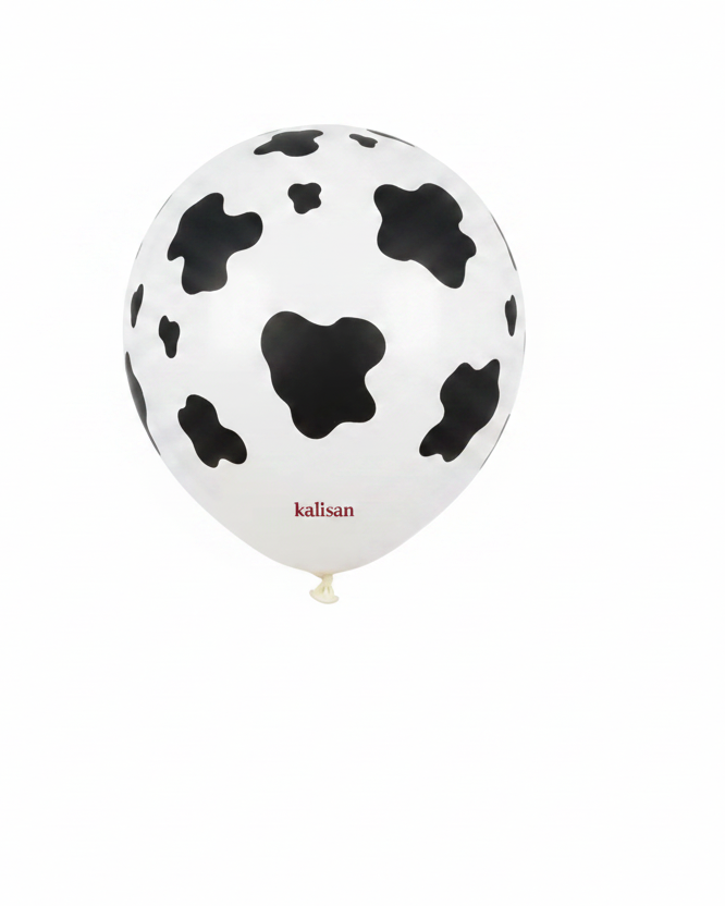 Transparent balloon with black cow print pattern and 'Kalisan' branding.