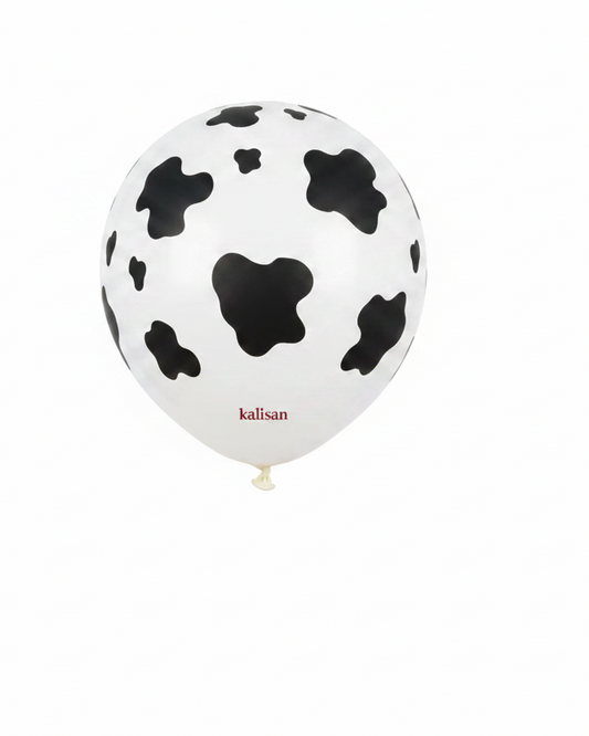 Transparent balloon with black cow print pattern and 'Kalisan' branding.