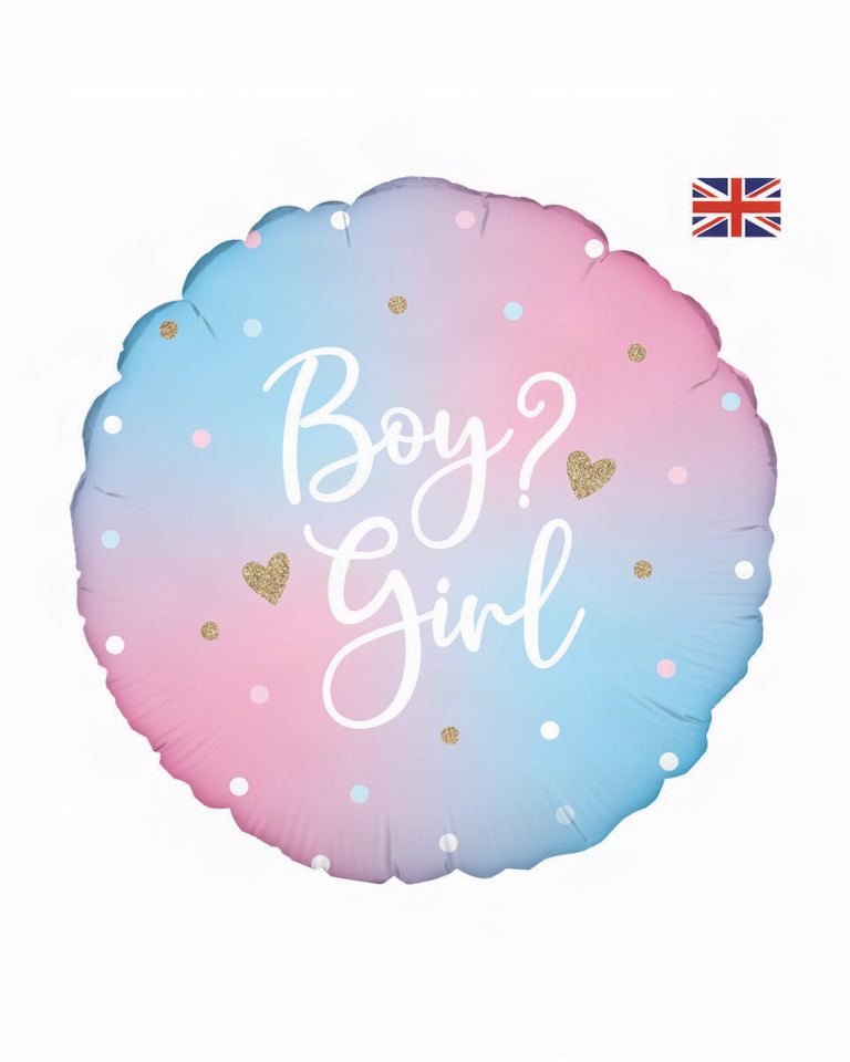Gradient balloon with 'Boy? Girl' text and hearts on a white background