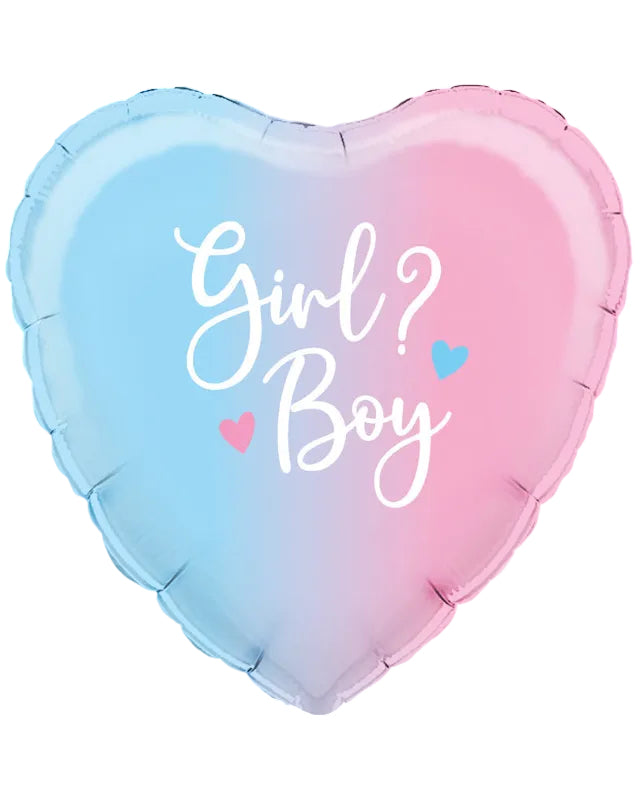 Heart-shaped balloon with 'Girl? Boy?' text and British flag