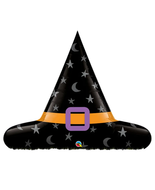 Black witch hat with stars and a purple buckle on a white background