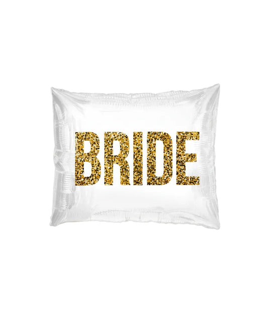 White pillowcase with gold glitter text spelling 'BRIDE' on a white background