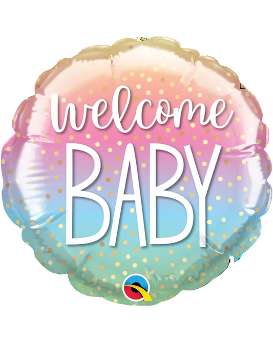 Decorative balloon with 'Welcome Baby' text on a pastel gradient background