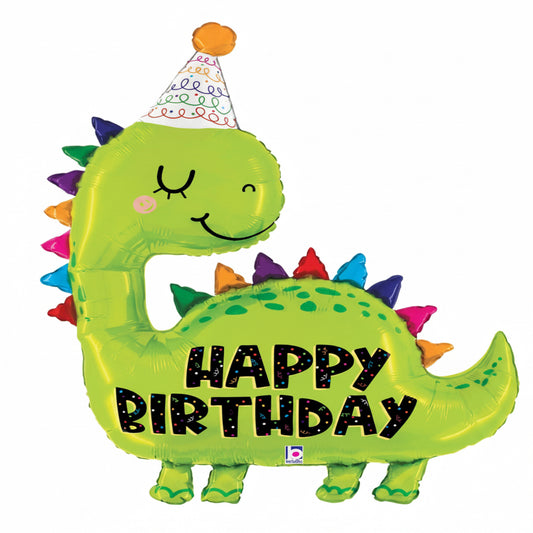 Green dinosaur-shaped balloon with 'Happy Birthday' text and a party hat on a white background