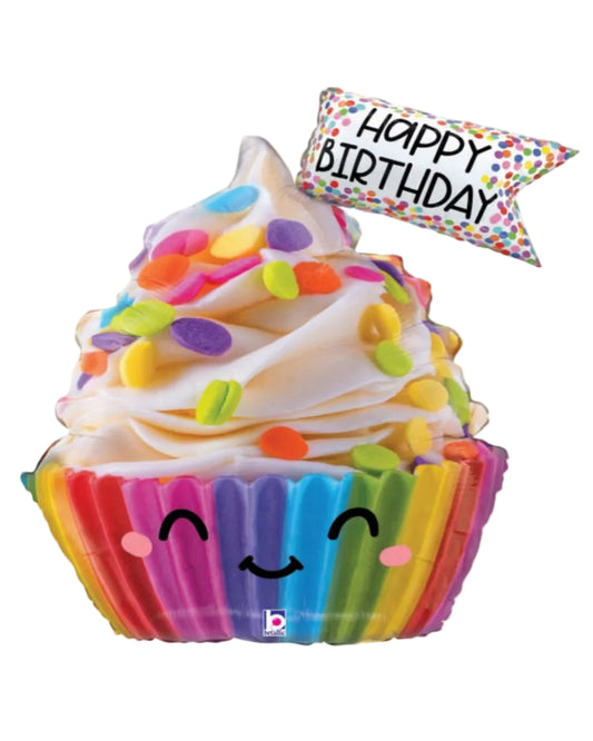 Colorful cupcake-shaped balloon with rainbow frosting and sprinkles, featuring a 'Happy Birthday' banner.