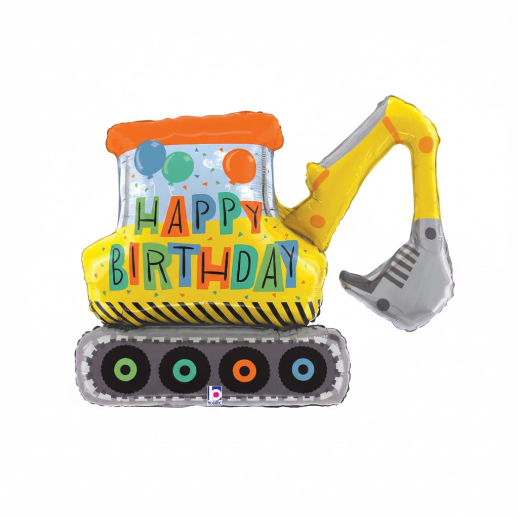 Colorful construction vehicle-shaped balloon with 'Happy Birthday' text on a white background