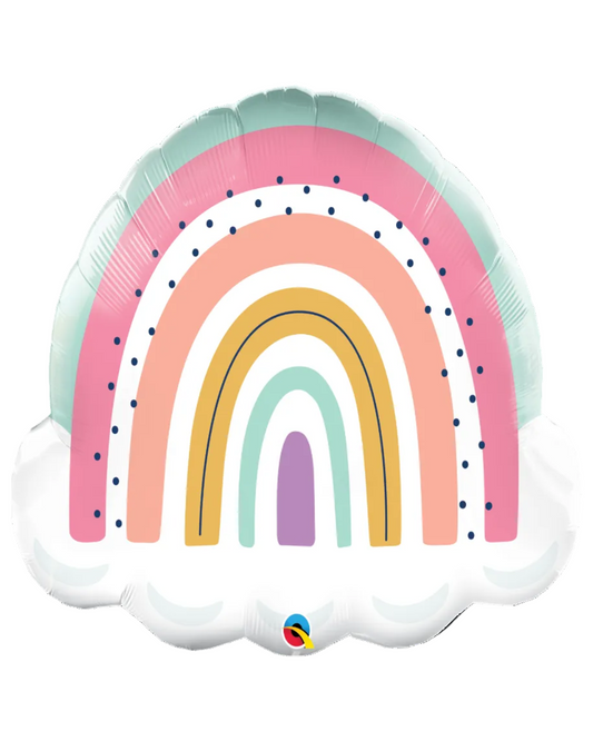 Colorful rainbow-shaped balloon with a cloud on a white background