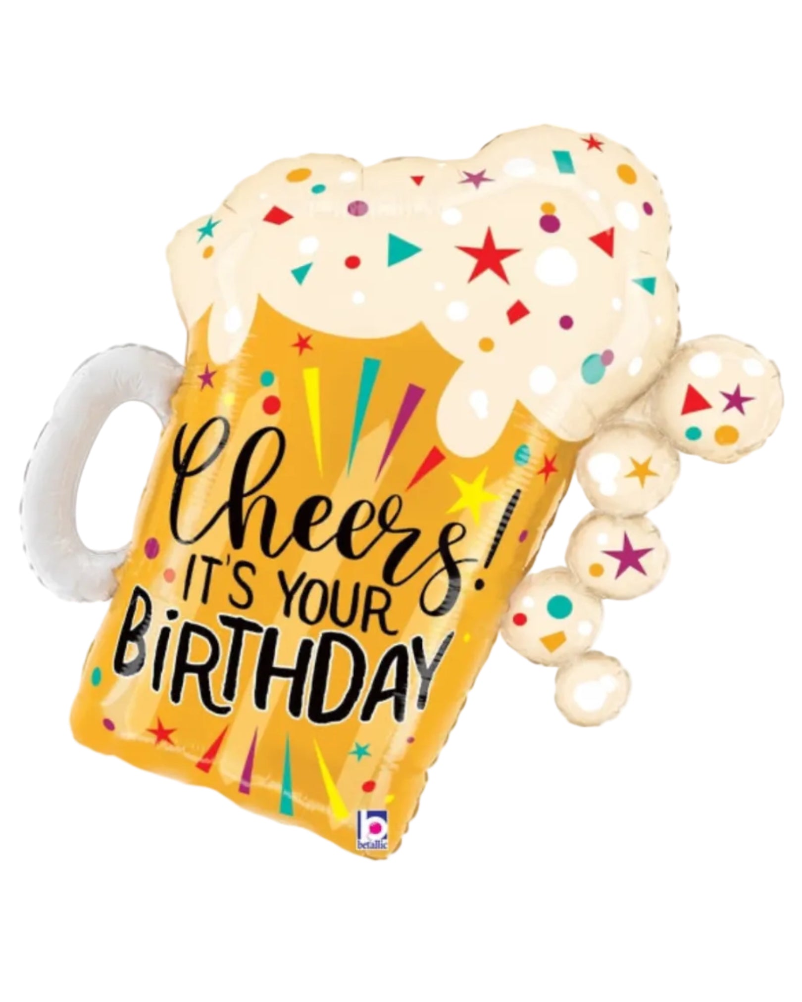 Birthday-themed balloon shaped like a beer mug with 'Cheers! It's Your Birthday' text on a white background.
