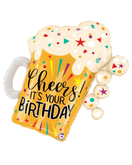 Birthday-themed balloon shaped like a beer mug with 'Cheers! It's Your Birthday' text on a white background.