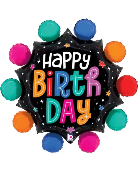 Colorful 'Happy Birthday' balloon with multicolored polka dots on a white background
