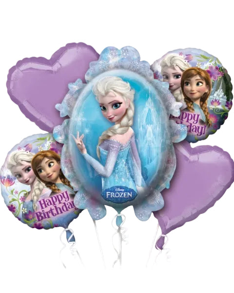 Balloon bouquet featuring characters from Disney's 'Frozen' with heart shapes and 'Happy Birthday' text.