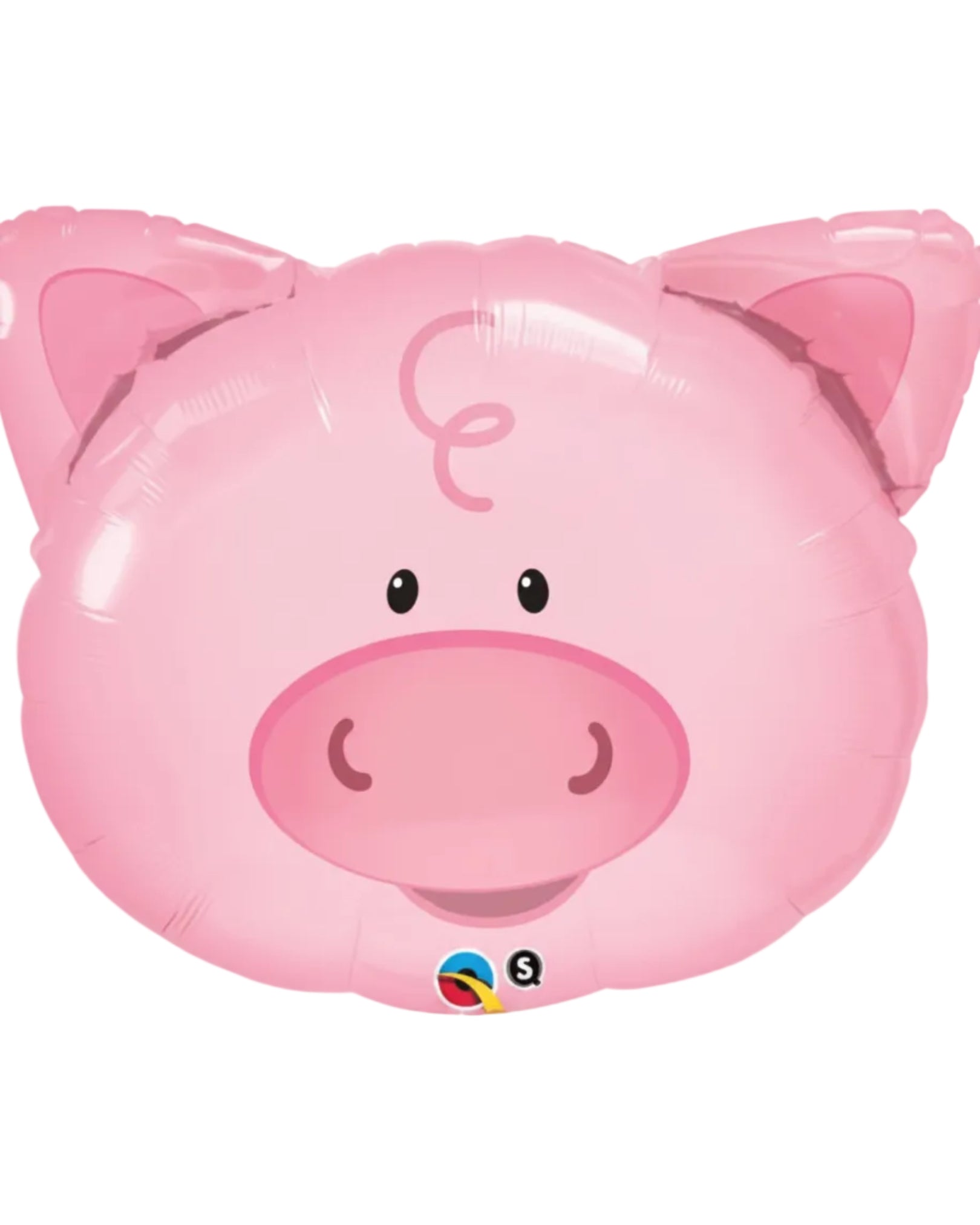 Pink pig-shaped balloon with a visible brand logo on a white background