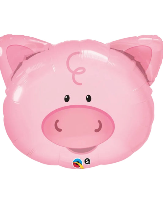 Pink pig-shaped balloon with a visible brand logo on a white background