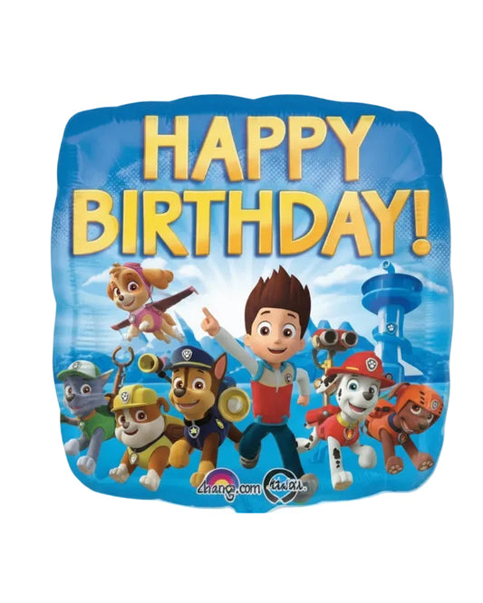 Balloon with 'Happy Birthday!' text and Paw Patrol characters on a blue background