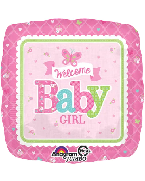 Pink balloon with 'Welcome Baby Girl' text and Anagram Jumbo logo