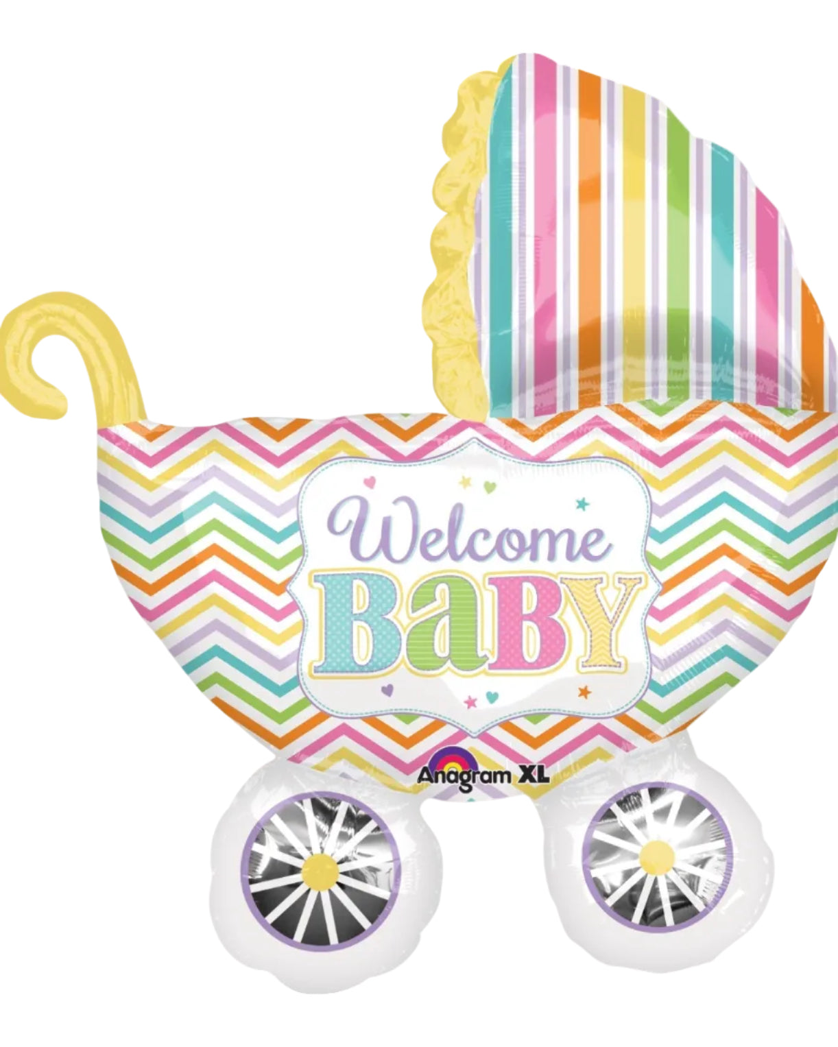 Colorful baby stroller balloon with 'Welcome Baby' text on a white background