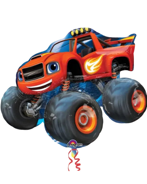 Toy monster truck balloon with flame design on a white background