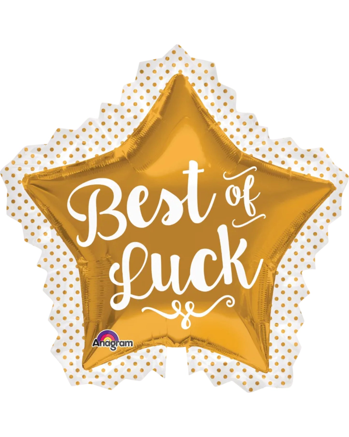 Gold star-shaped balloon with 'Best of Luck' text on a white background
