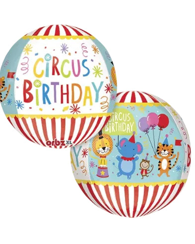 Two circus-themed birthday balloons with colorful designs and animal illustrations on a white background.