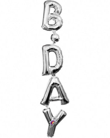 Silver 'B D A Y' balloon letters on a white background