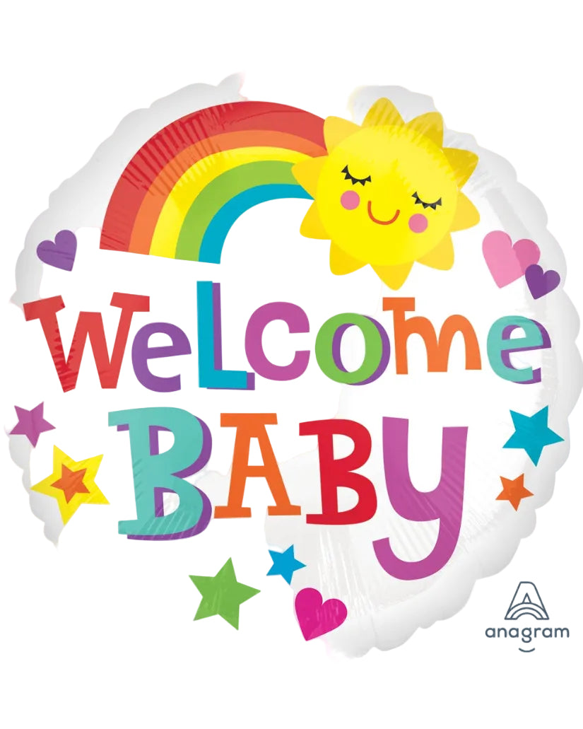 Colorful balloon with 'Welcome Baby' text, rainbow, sun, and stars on a white background