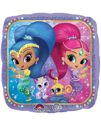 Shimmer and Shine balloon with two characters and a pet on a purple background
