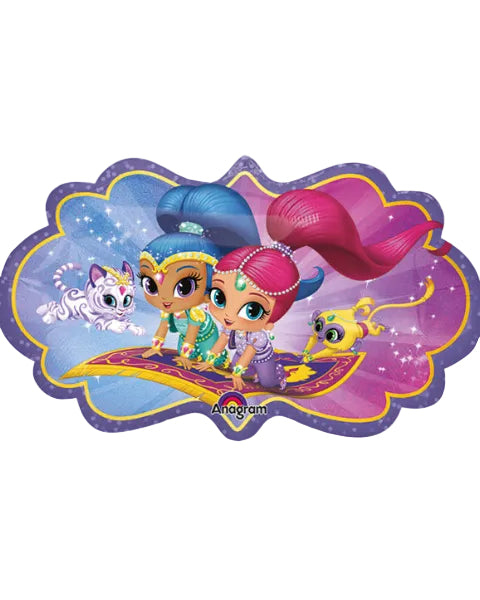 Shimmer and Shine balloon with characters and a genie on a carpet against a white background