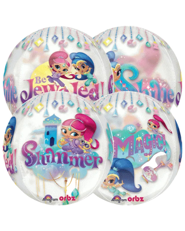 Shimmer and Shine balloons with colorful designs and text on a white background