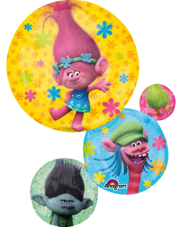 Colorful balloons featuring characters from the movie 'Trolls' with a visible Anagram logo.