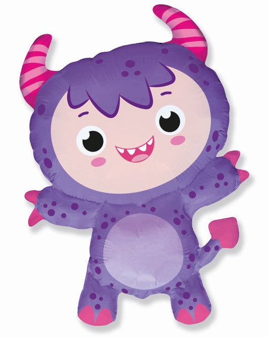 Purple monster balloon with pink accents on a white background