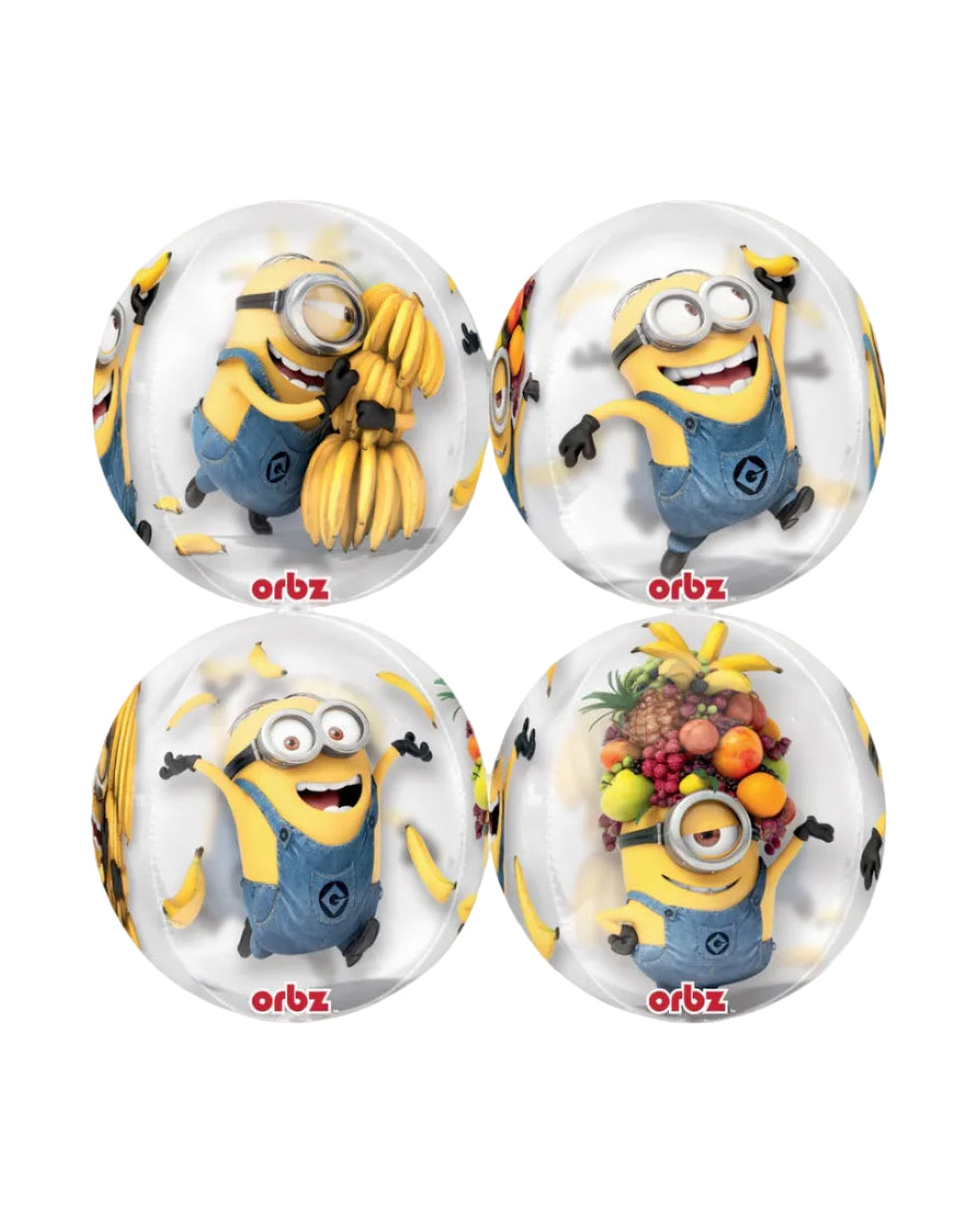 Four 'orbz' with animated characters including a yellow minion holding bananas, another with fruits, and two others with minions in different poses.