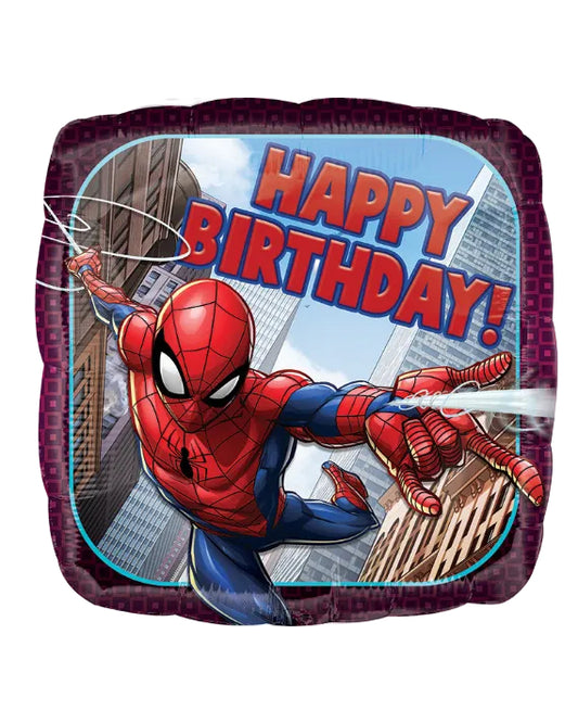 Spider-Man birthday balloon with 'Happy Birthday!' text against a cityscape background