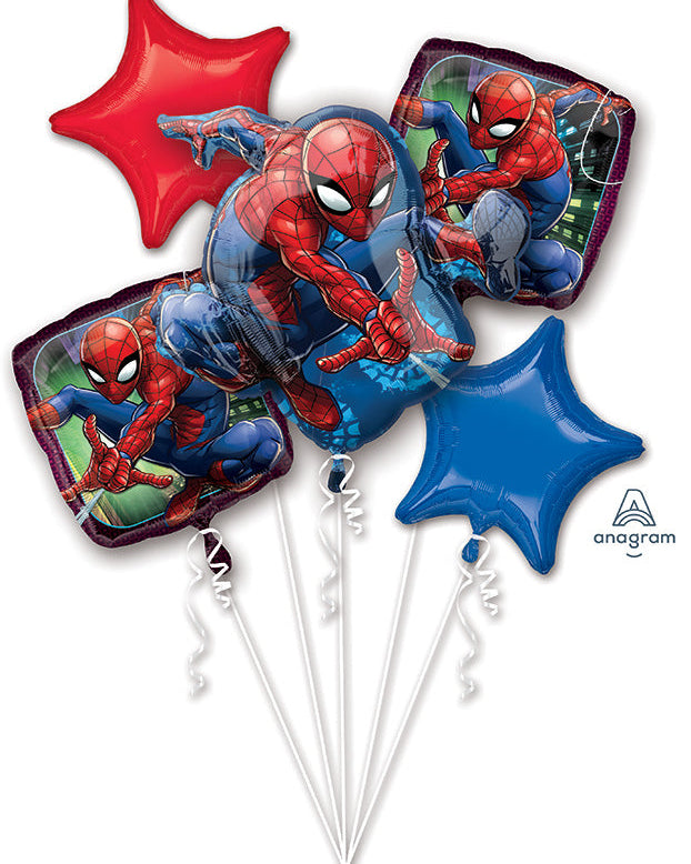 Spider-Man themed balloons with star shapes on a white background