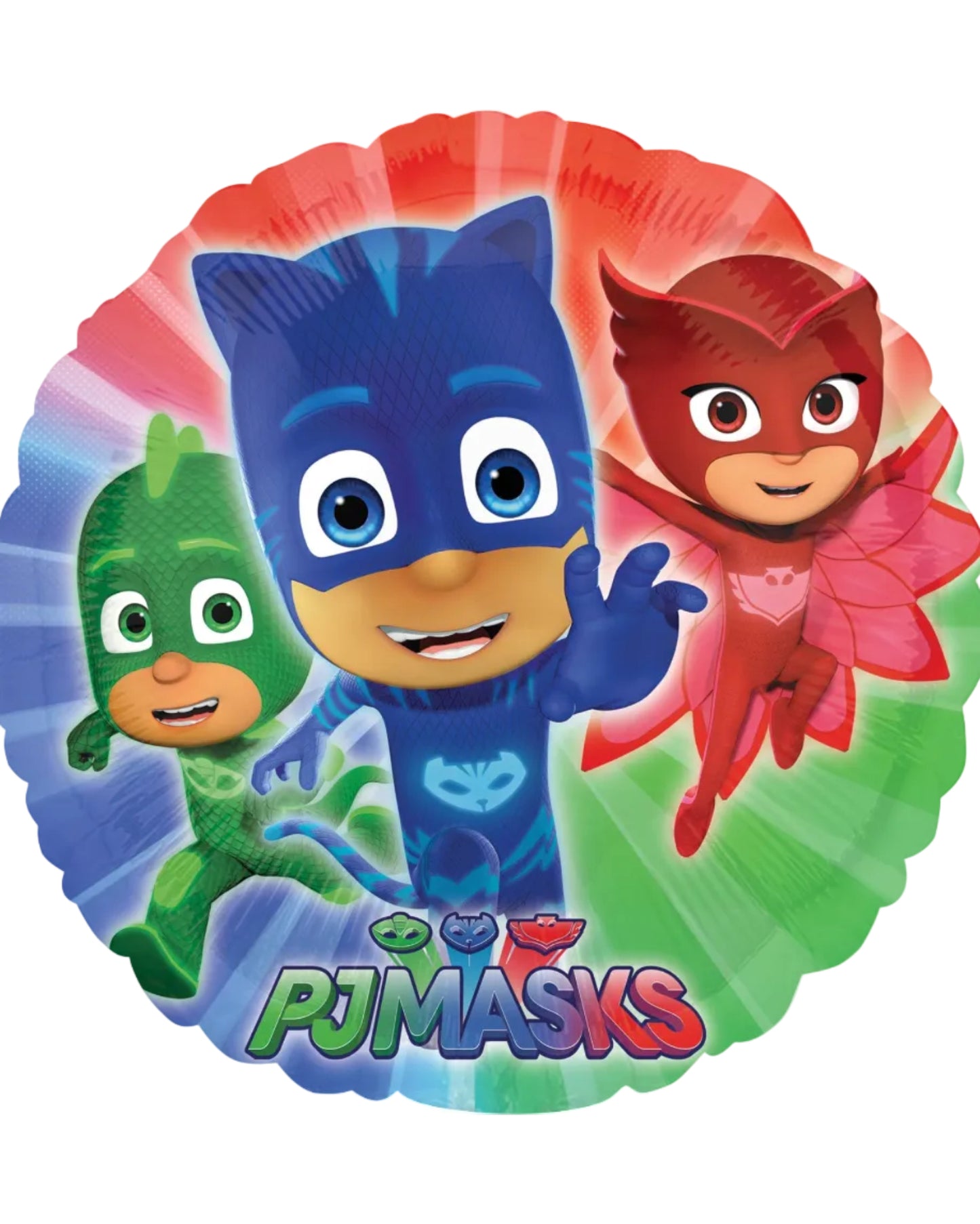 PJ Masks balloon with four characters on a colorful background