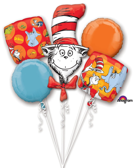 Dr. Seuss-themed balloons featuring the Cat in the Hat on a white background.