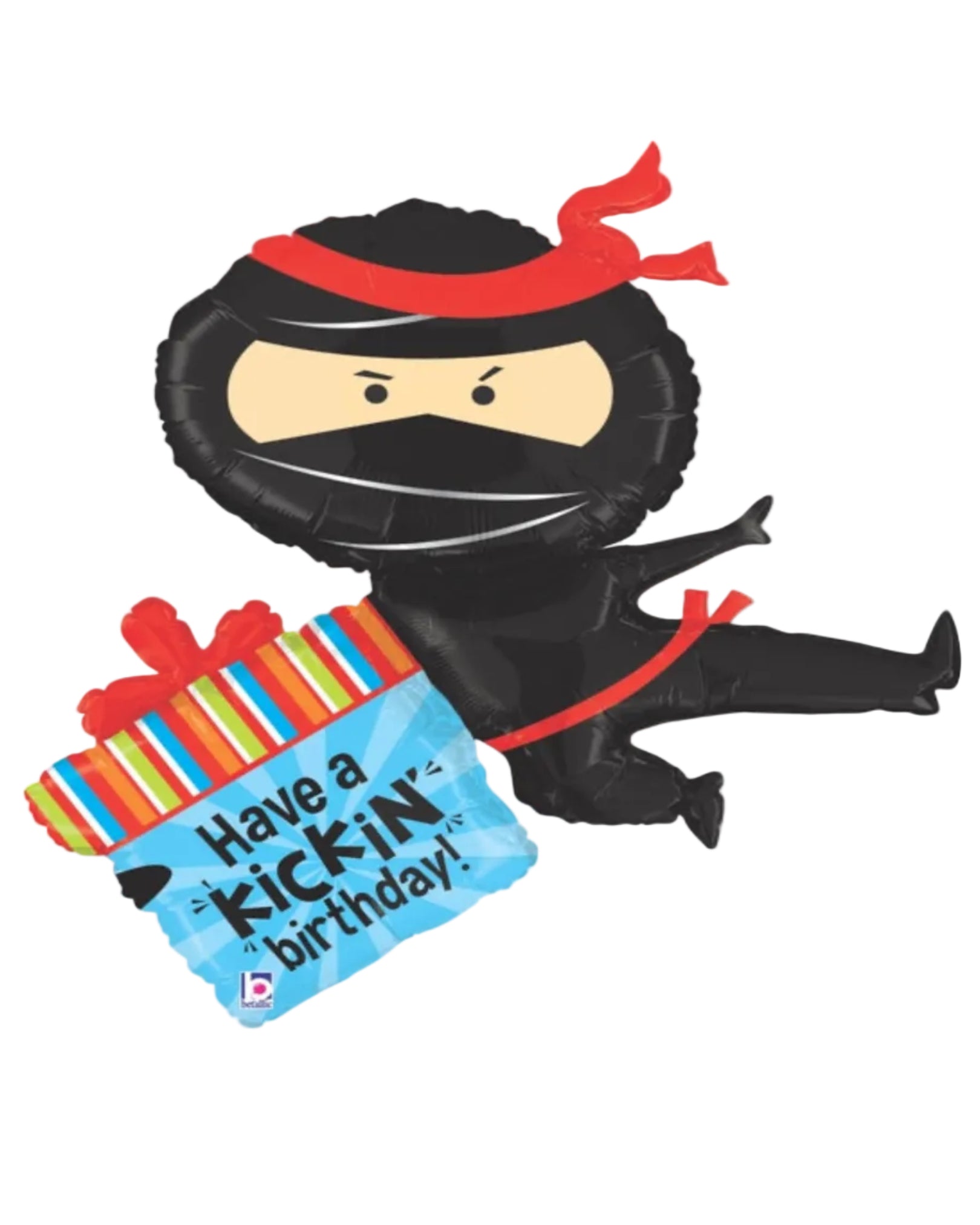 Ninja-themed birthday balloon with text 'Have a kickin' birthday!' on a white background