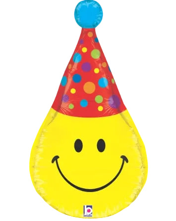 Colorful party hat with a smiley face on a white background