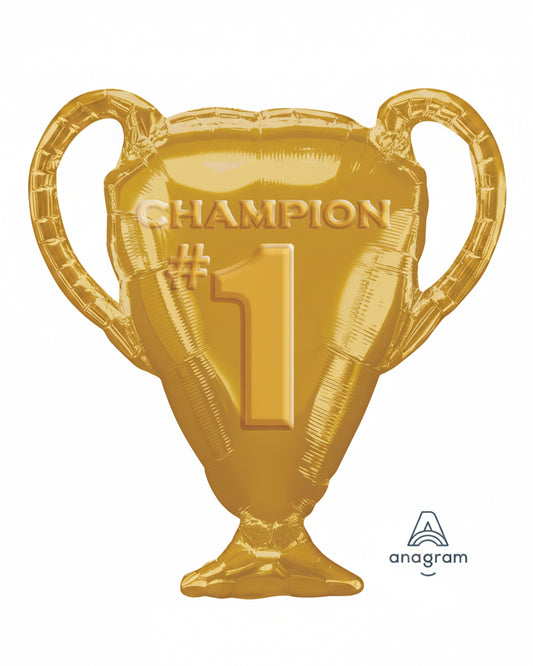 Gold trophy-shaped balloon with 'Champion #1' text on a white background