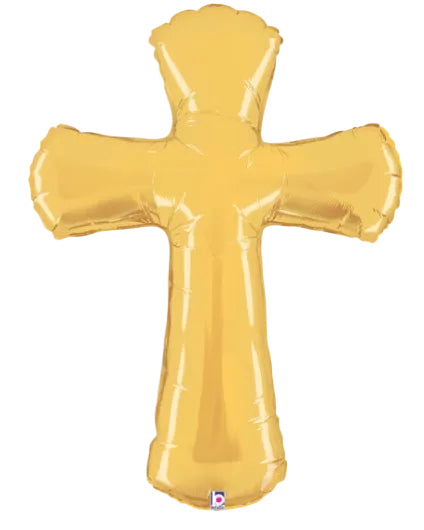 Gold cross-shaped balloon on a white background
