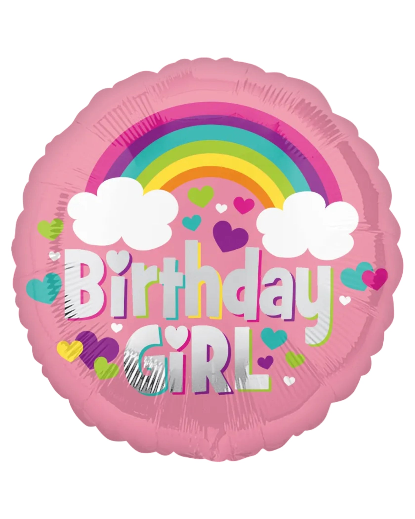 Pink balloon with rainbow, hearts, and 'Birthday Girl' text on a white background